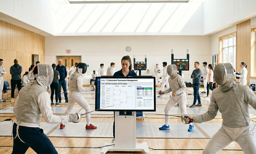 Fencing club course management scene