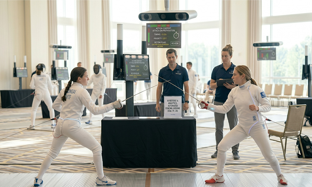 Fencing bout with analytics and referee review
